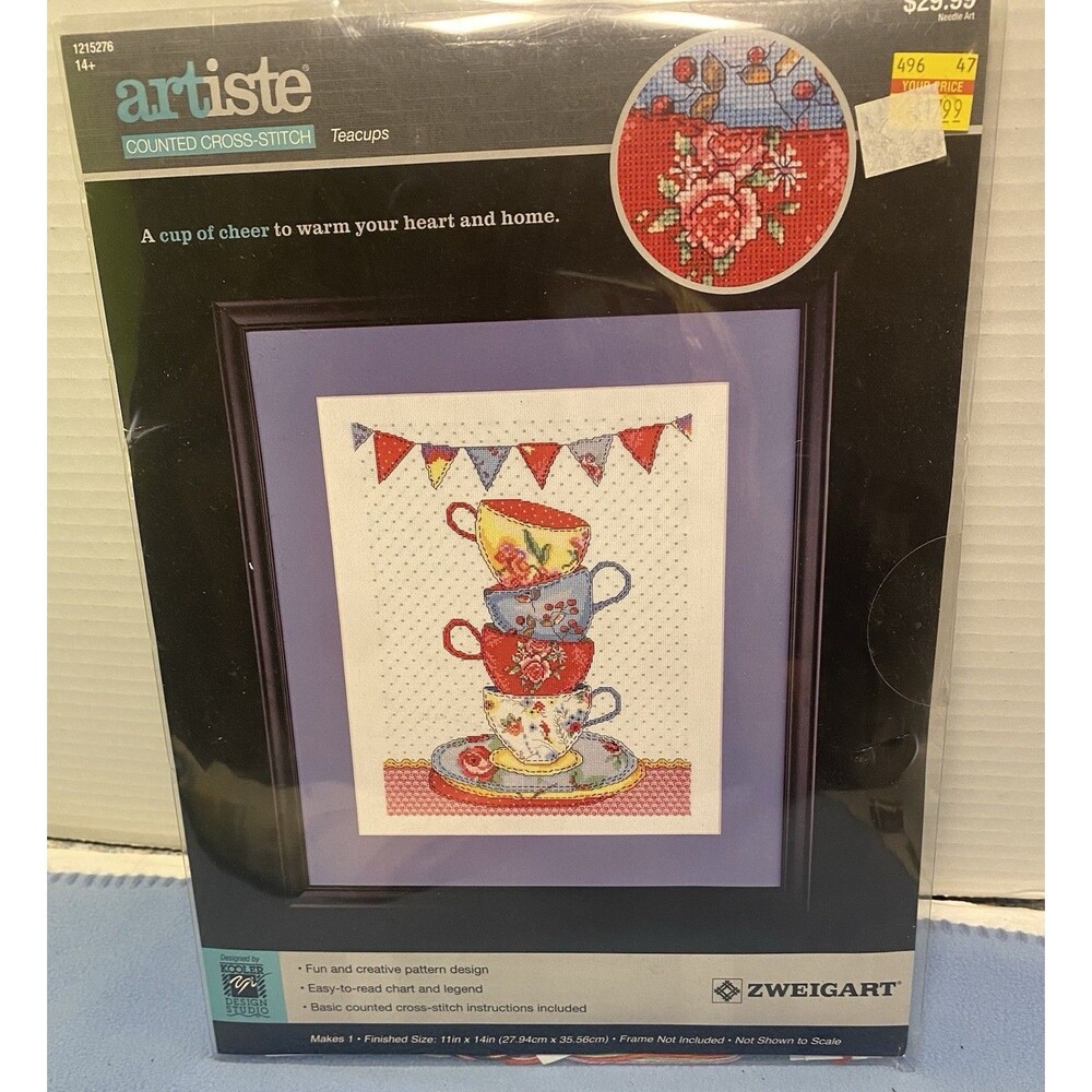 New Zweigart Artiste Teacups  Counted Cross Stitch 11"x14"